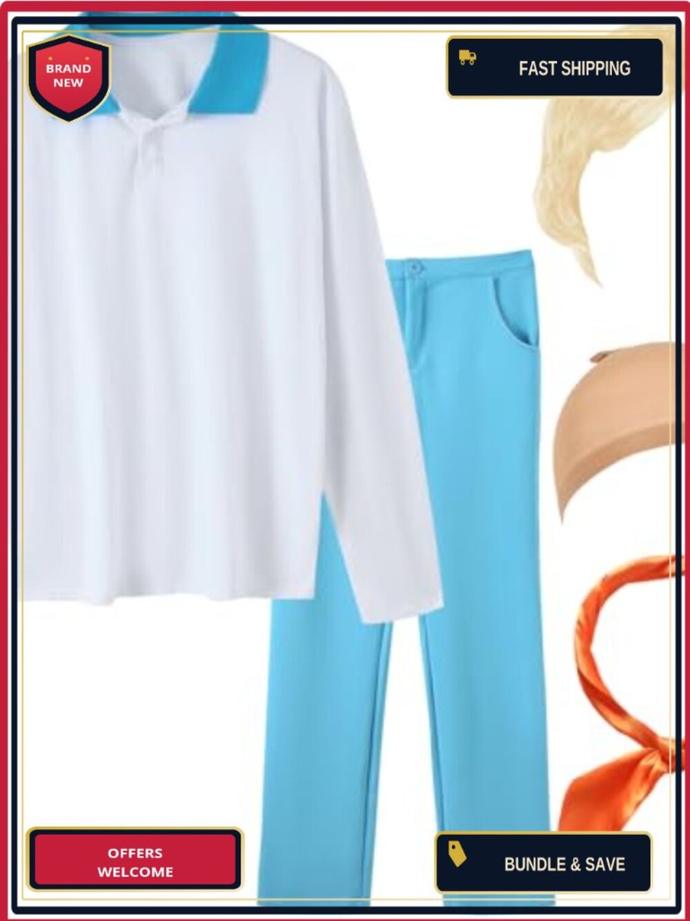 Men's 5-Piece Halloween Costume Set White V-Neck Shirt Pants Wig Neckerchief